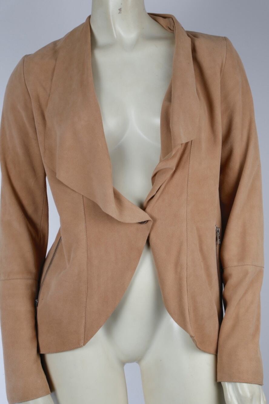 Soia Kyo Jacket Size XS Camel Tan Genuine Suede Draped Asymmetric Waterfall Moto
